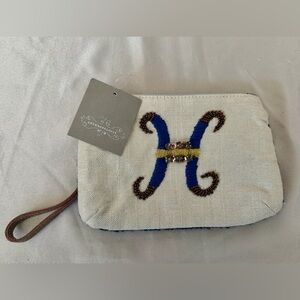 Anthropologie Cream and Blue Initial Clutch